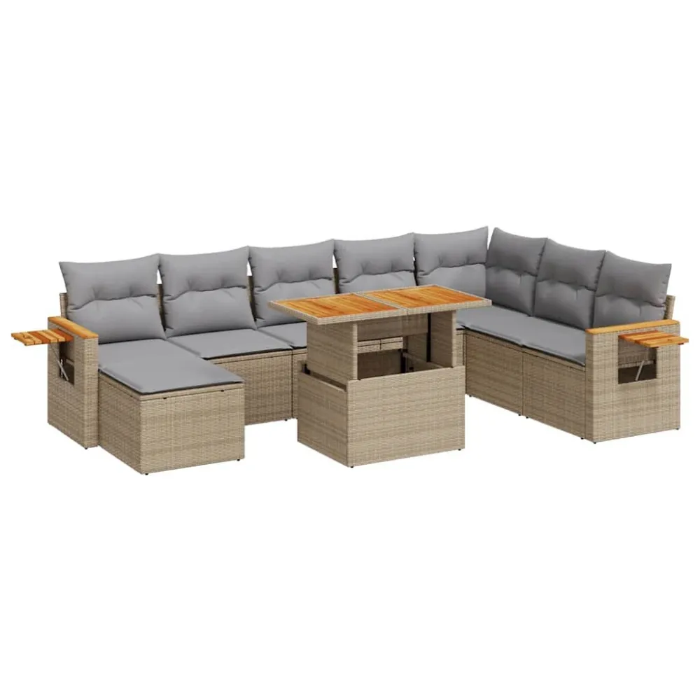 9 pcs conjunto sofás jardim com almofadões vime PE/acácia bege com Estrutura em Alumínio