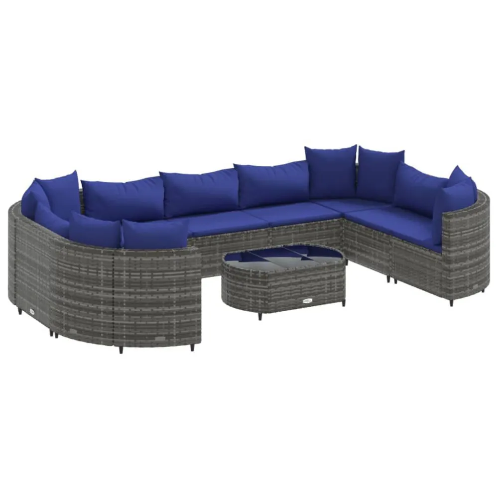 10 pcs conjunto sofás de jardim com almofadões vime PE cinzento Dobrável e Portátil