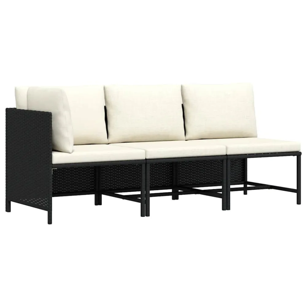 3 pcs conjunto sofás de jardim com almofadões vime PE preto | Resistente à Chuva | Confortável