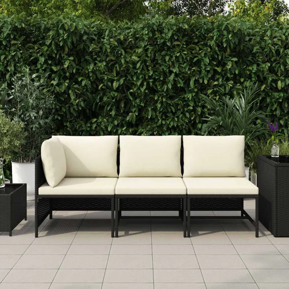 3 pcs conjunto sofás de jardim com almofadões vime PE preto | Resistente à Chuva | Confortável