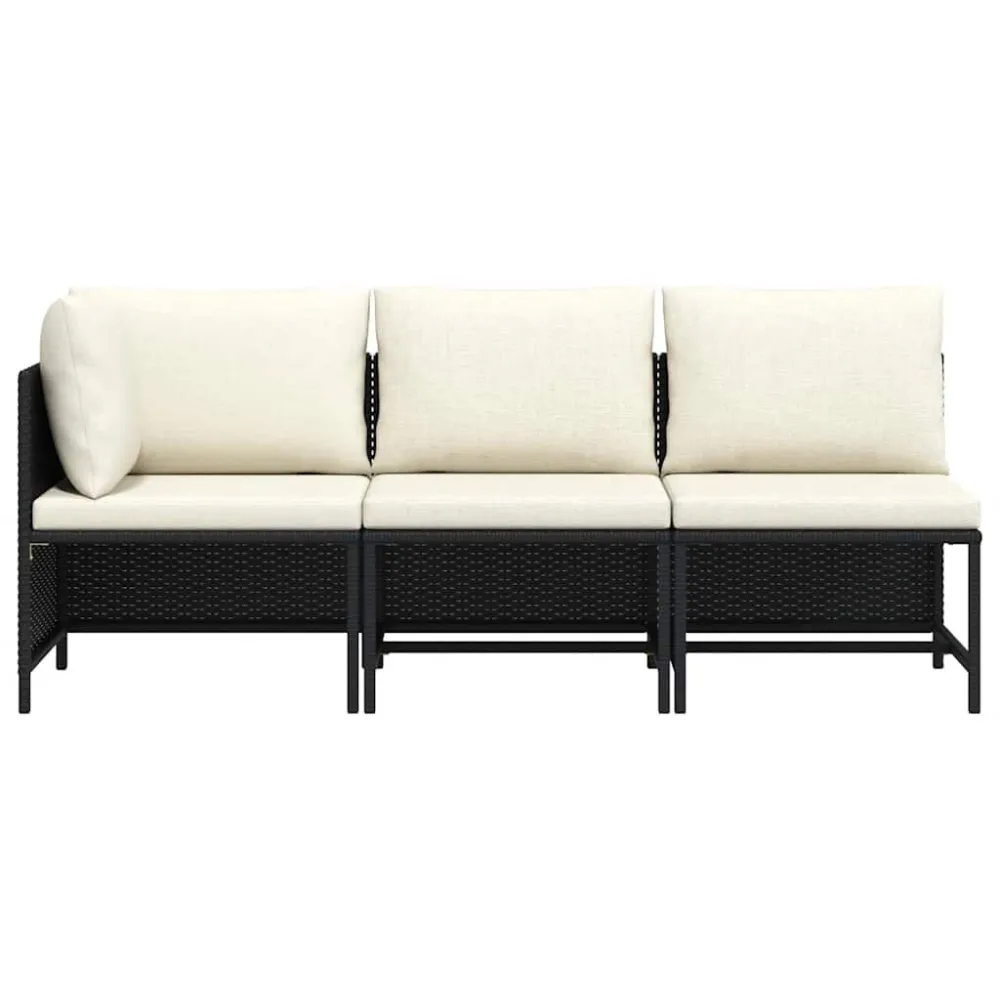 3 pcs conjunto sofás de jardim com almofadões vime PE preto | Resistente à Chuva | Confortável