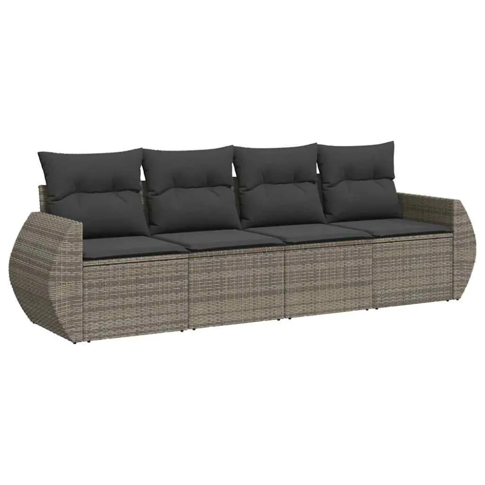 4 pcs conjunto sofás de jardim com almofadões vime PE cinzento com Apoio para Bebidas