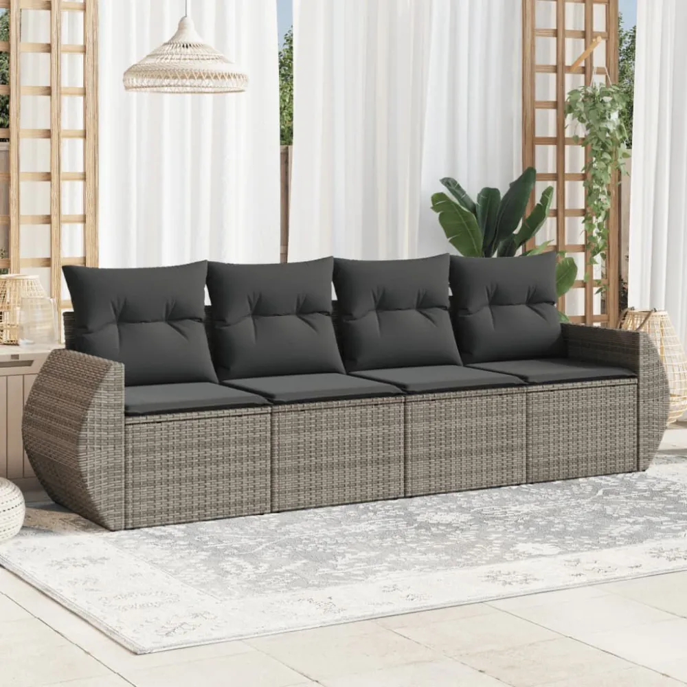 4 pcs conjunto sofás de jardim com almofadões vime PE cinzento com Apoio para Bebidas
