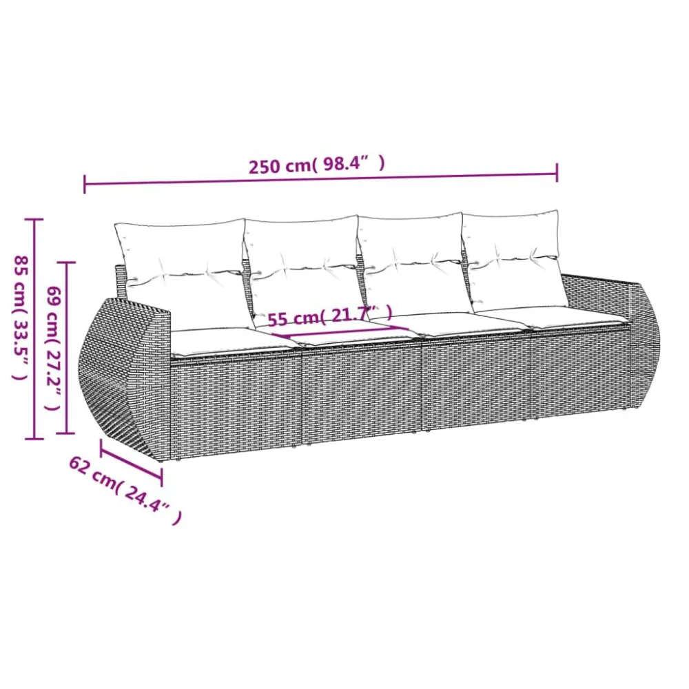 4 pcs conjunto sofás de jardim com almofadões vime PE cinzento com Apoio para Bebidas