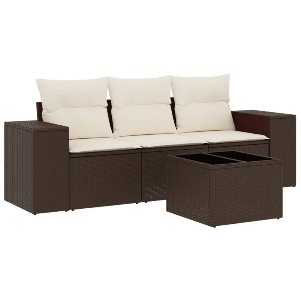 4 pcs conjunto sofás de jardim com almofadões vime PE castanho com Almofada Inclusa