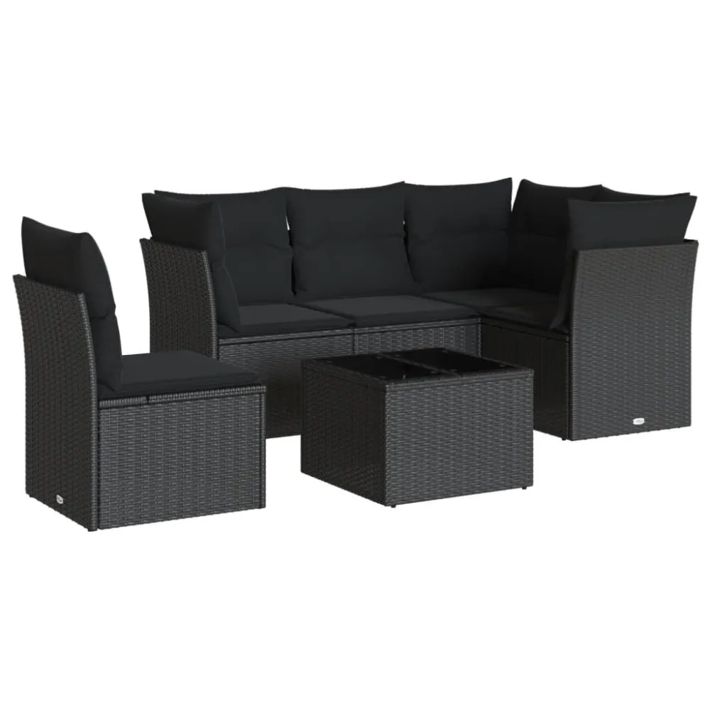 6 pcs conjunto sofás de jardim com almofadões vime PE preto Dobrável e Portátil