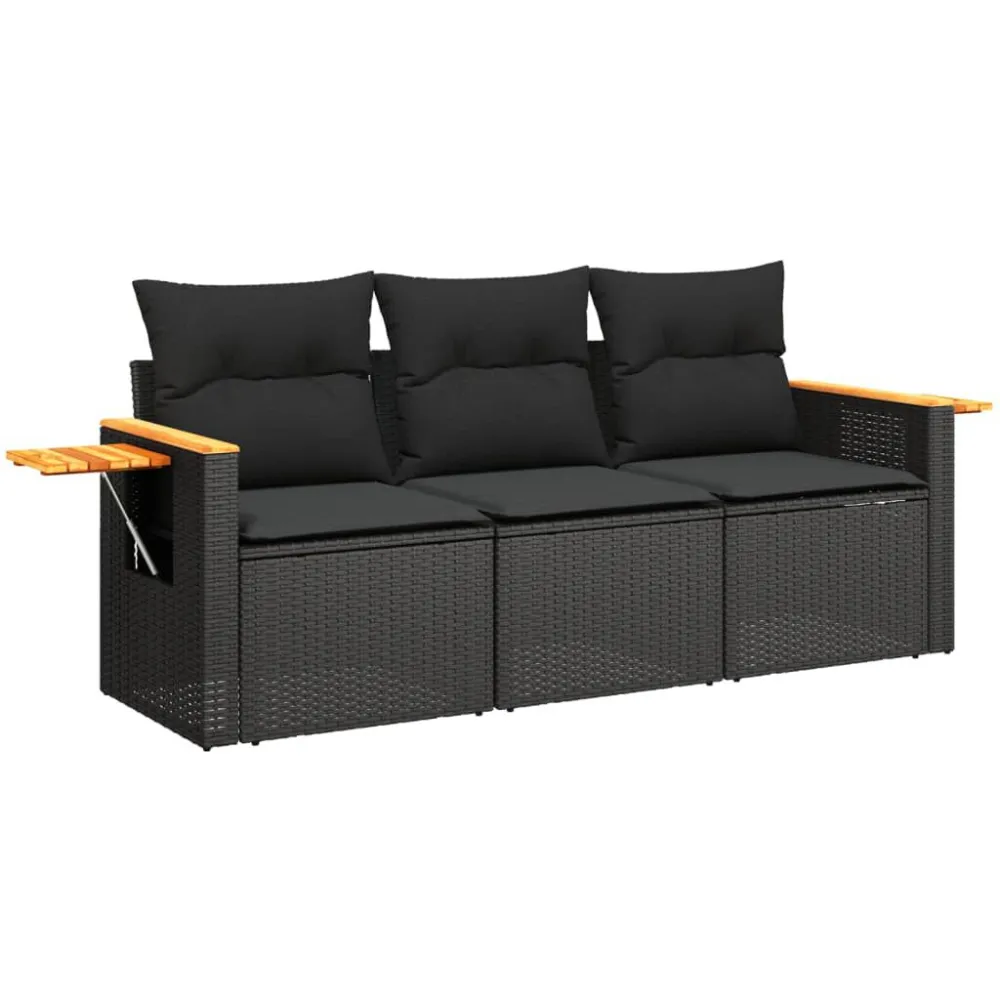 3 pcs conjunto sofás de jardim com almofadões vime PE preto | Resistente à Chuva | Confortável