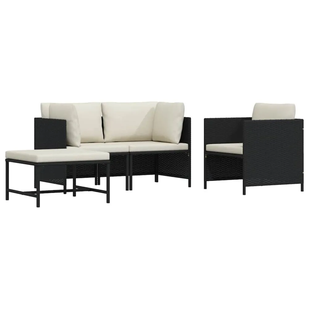 4 pcs conjunto sofás de jardim com almofadões vime PE preto com Apoio para Bebidas