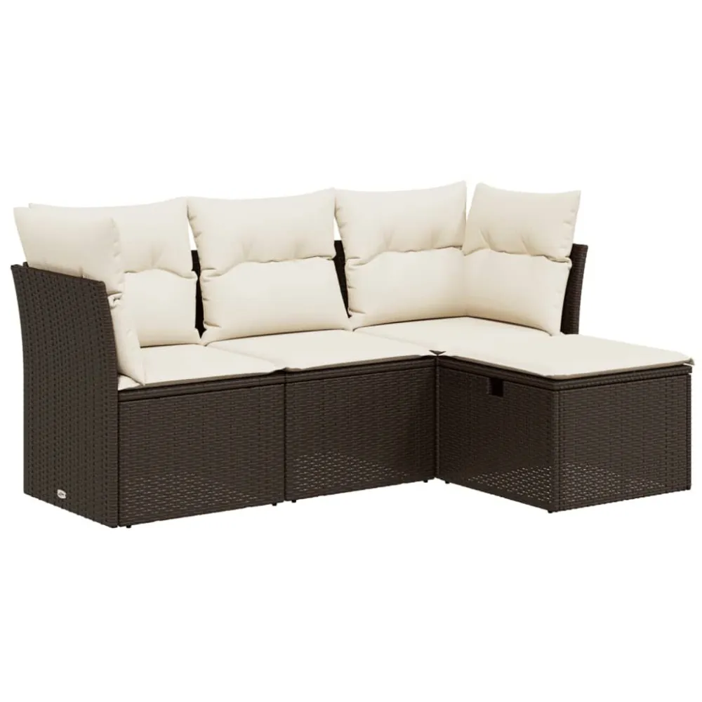 4 pcs conjunto sofás de jardim com almofadões vime PE castanho para Piscina e Jardim