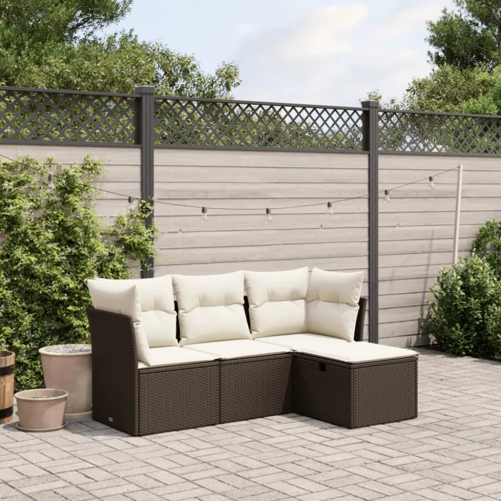 4 pcs conjunto sofás de jardim com almofadões vime PE castanho para Piscina e Jardim