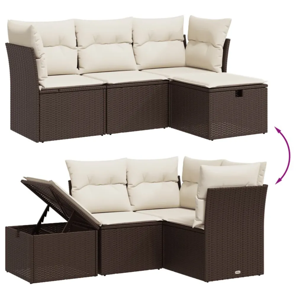 4 pcs conjunto sofás de jardim com almofadões vime PE castanho para Piscina e Jardim