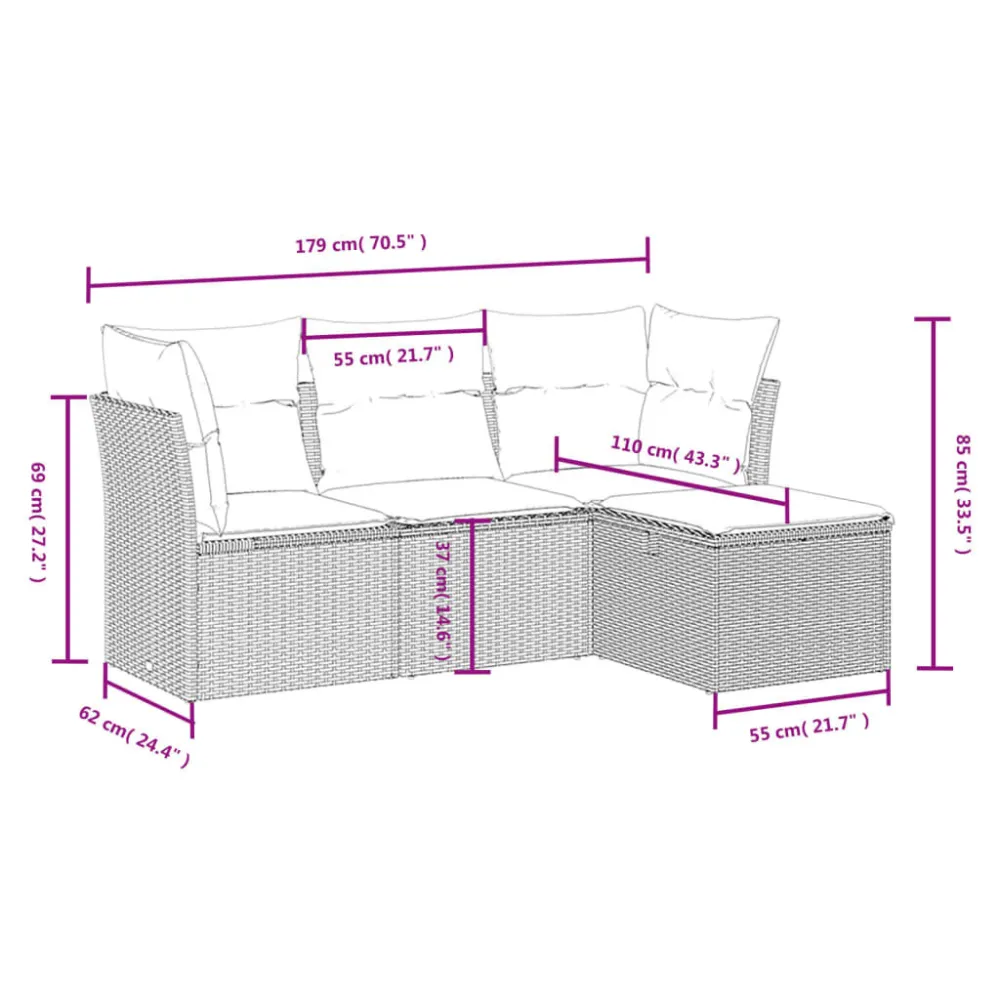 4 pcs conjunto sofás de jardim com almofadões vime PE castanho para Piscina e Jardim