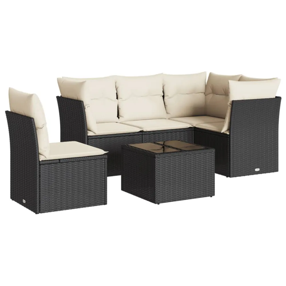 6 pcs conjunto sofás de jardim com almofadões vime PE preto | Montagem Fácil e Rápida