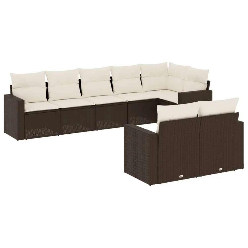 8 pcs conjunto sofás de jardim com almofadões vime PE castanho em Tecido Sunbrella