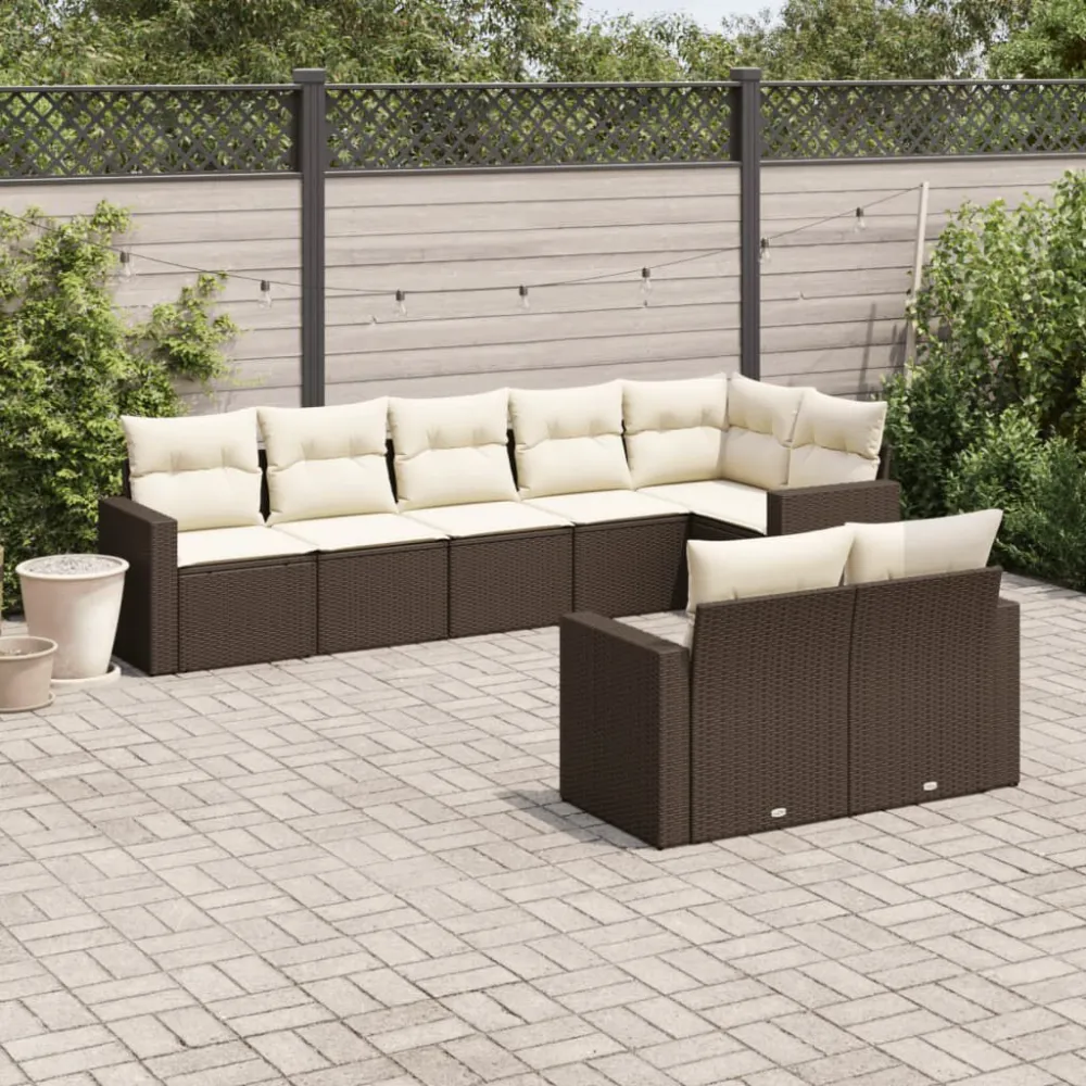 8 pcs conjunto sofás de jardim com almofadões vime PE castanho em Tecido Sunbrella