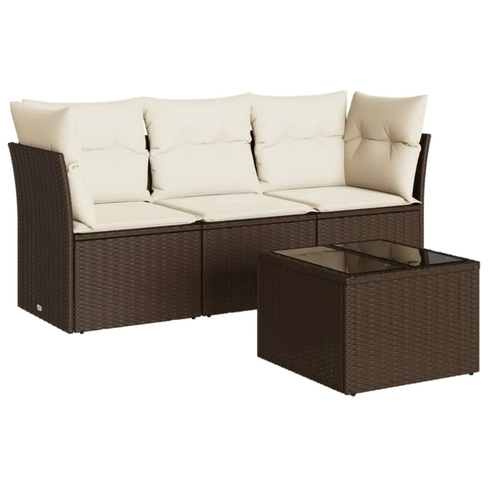 4 pcs conjunto sofás de jardim com almofadões vime PE castanho com Apoio para Bebidas