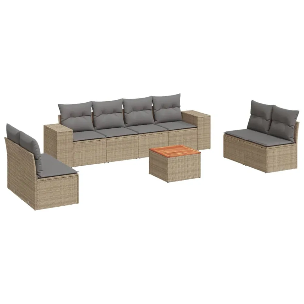 9 pcs conjunto de sofás para jardim com almofadões vime PE bege em Ferro Forjado