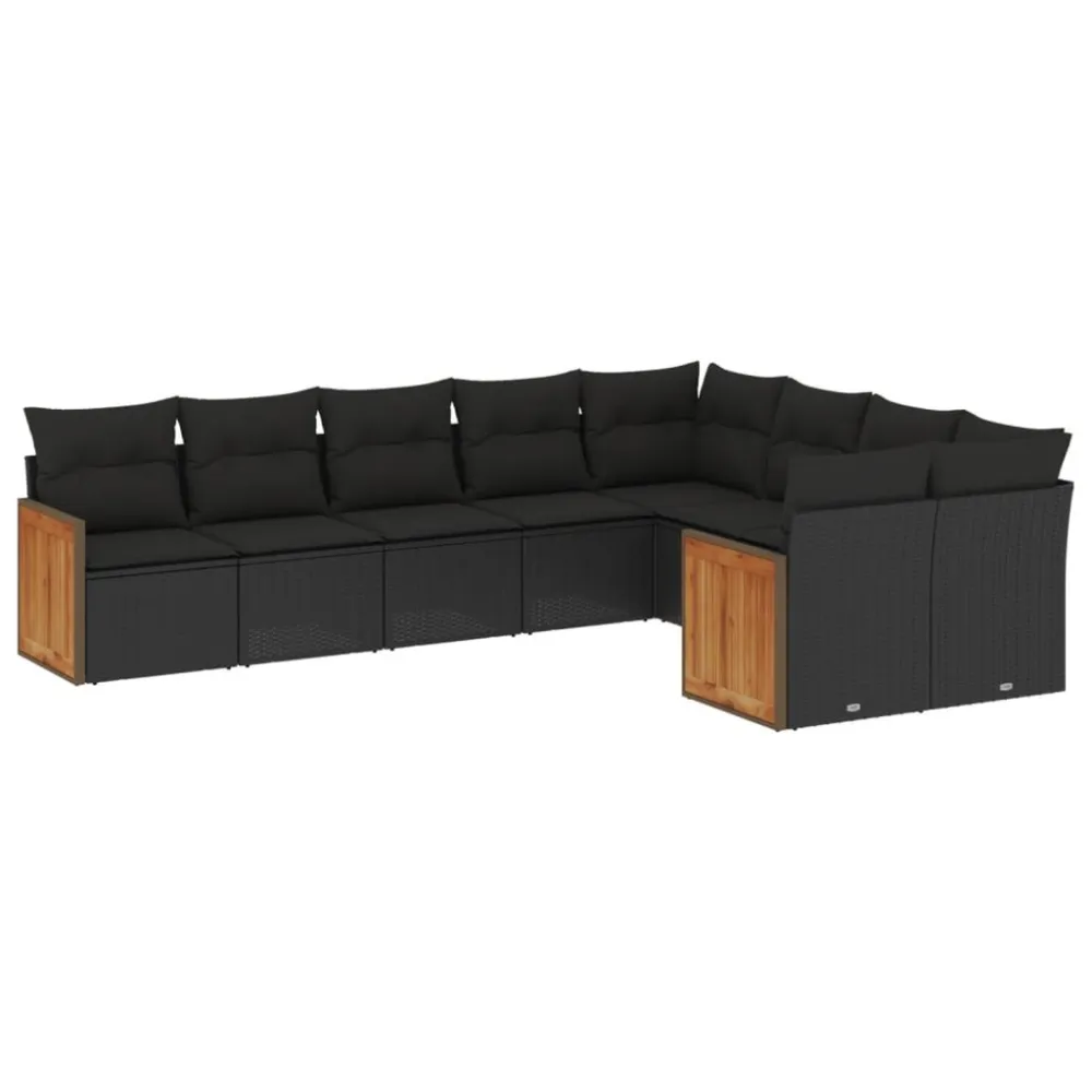 9 pcs conjunto de sofás para jardim com almofadões vime PE preto Dobrável e Portátil