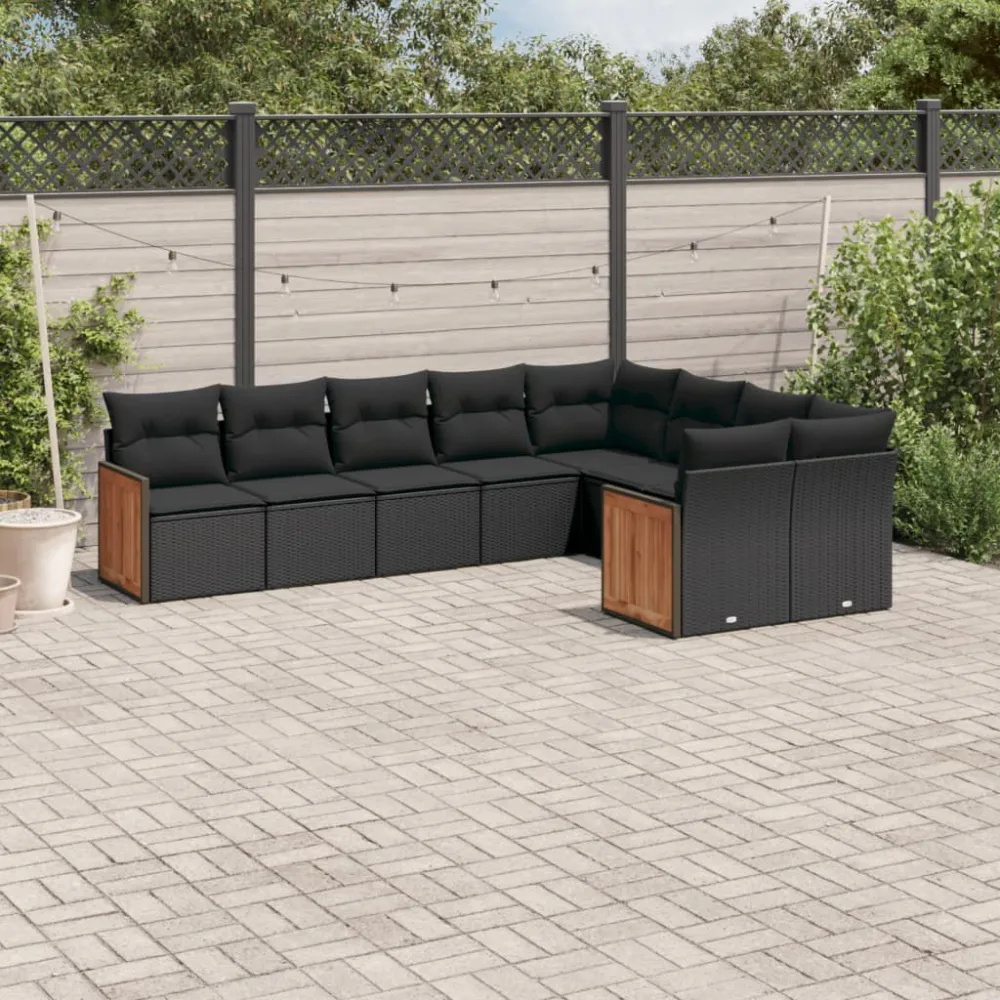 9 pcs conjunto de sofás para jardim com almofadões vime PE preto Dobrável e Portátil