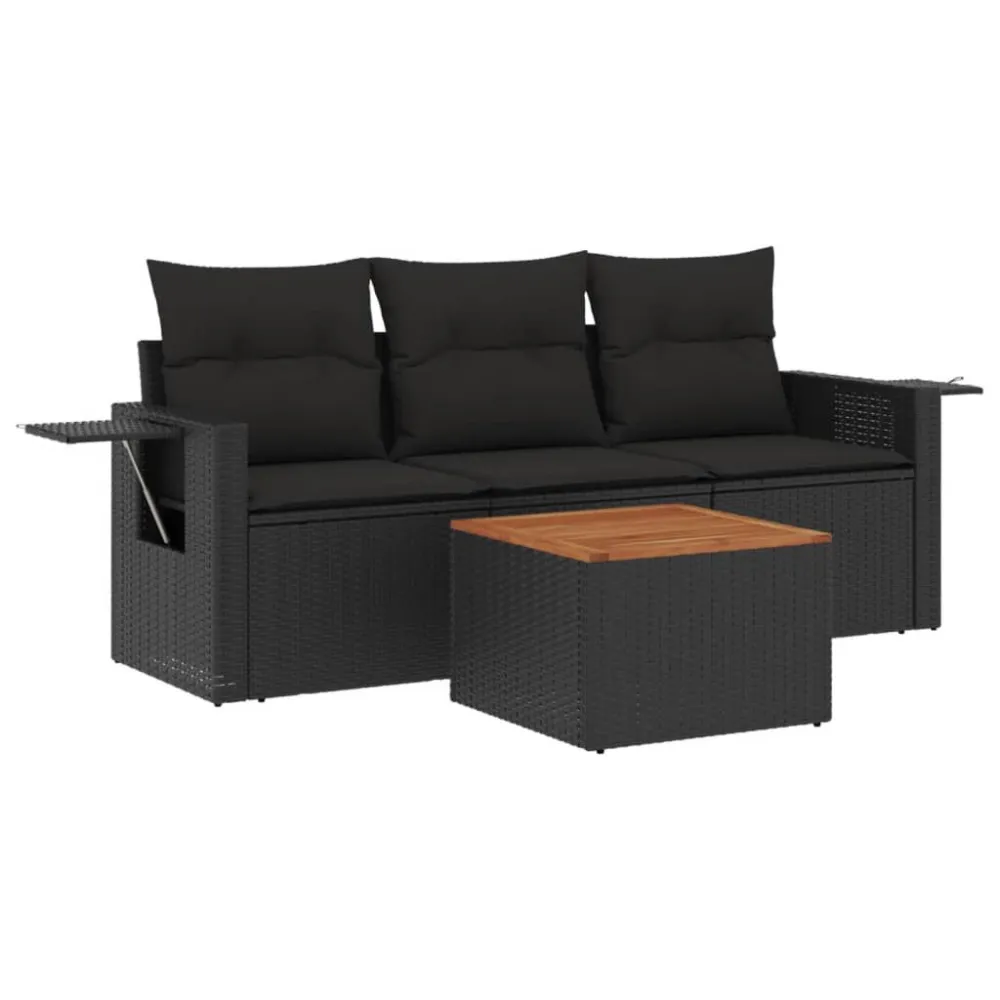 4 pcs conjunto de sofás para jardim com almofadões vime PE preto | Resistente à Chuva | Confortável
