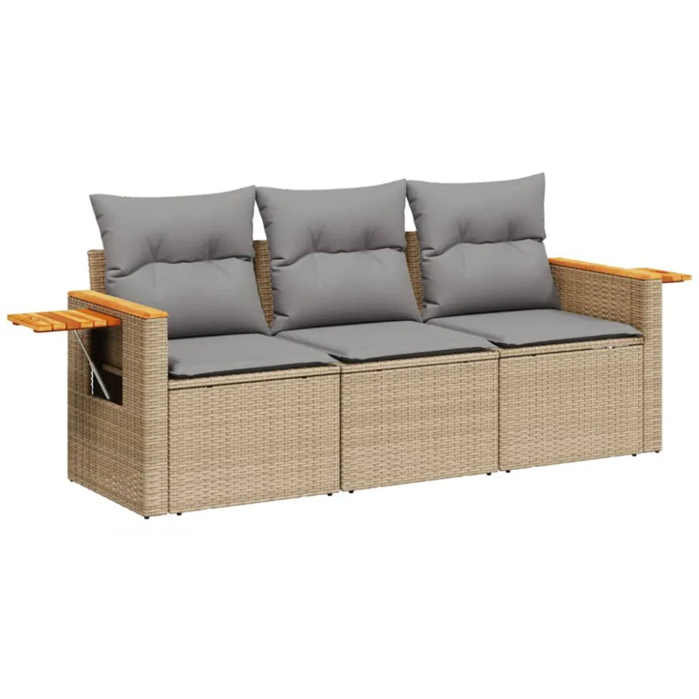 3 pcs conjunto de sofás para jardim com almofadões vime PE bege em Tecido Sunbrella