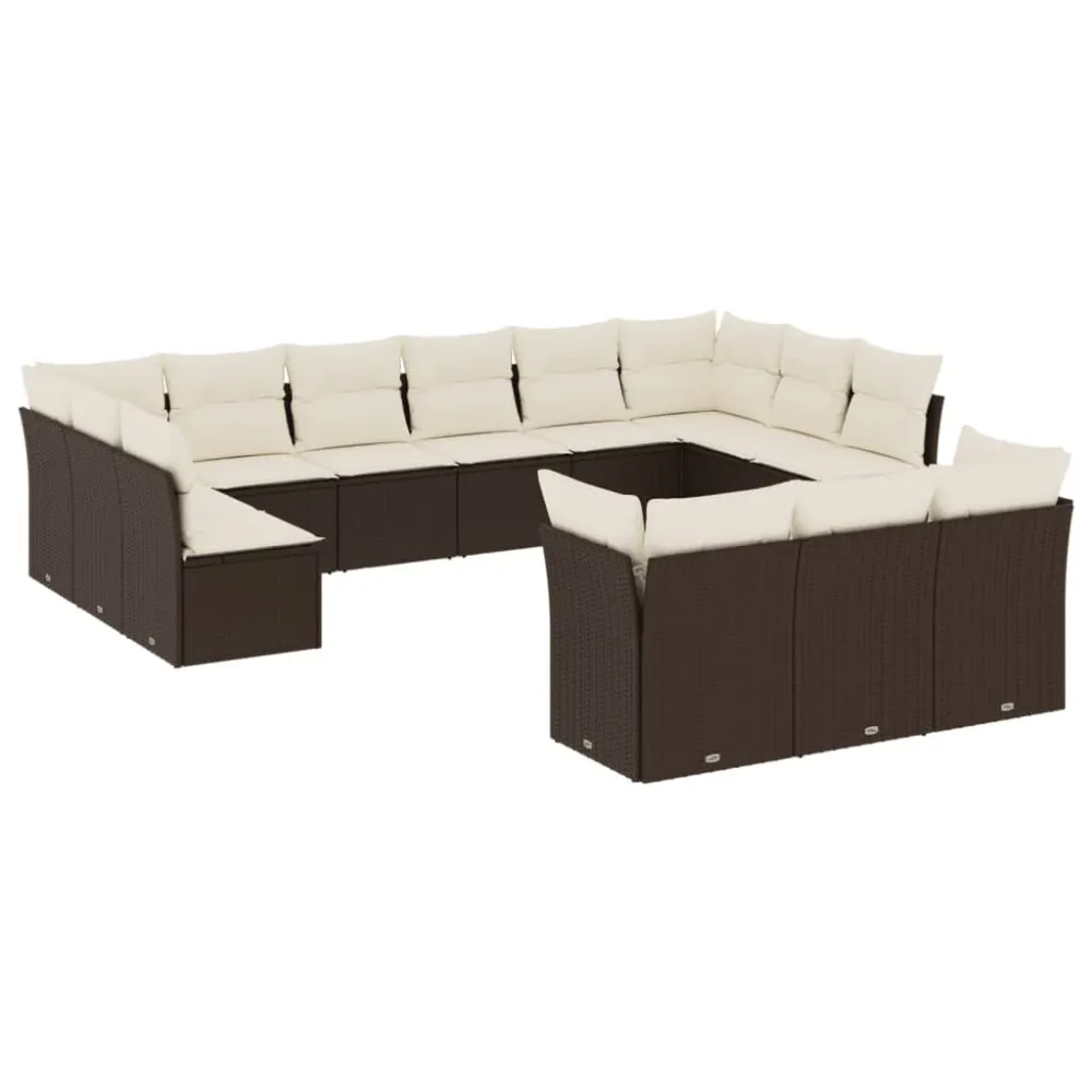 13 pcs conjunto sofás para jardim com almofadões vime PE castanho com Apoio para Bebidas
