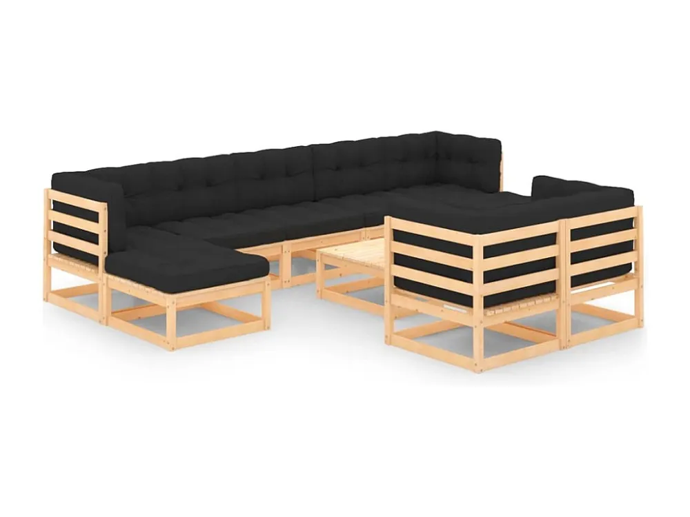 10 peças conj. lounge jardim com almofadões pinho maciço antracite em Tecido Sunbrella