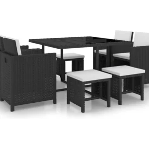 9 peças conjunto jantar exterior com almofadões vime PE preto | Montagem Fácil e Rápida