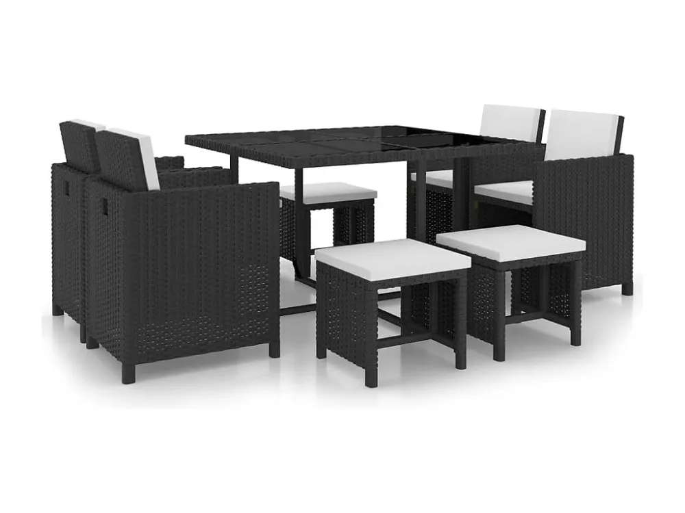 9 peças conjunto jantar exterior com almofadões vime PE preto | Montagem Fácil e Rápida