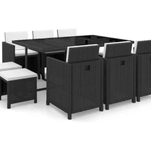 11 peças conjunto jantar exterior com almofadões vime PE preto com Apoio para Bebidas