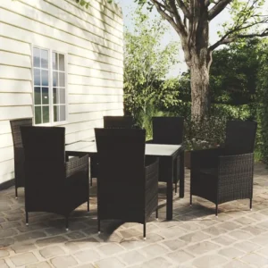 7 peças conjunto jantar exterior com almofadões vime PE preto com Revestimento em Textilene