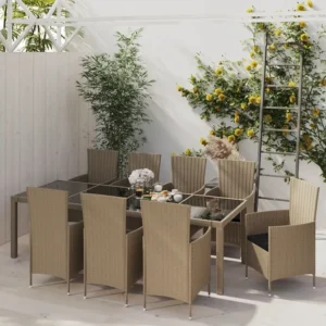 11 peças conjunto jantar para exterior com almofadões vime PE bege em Ferro Forjado