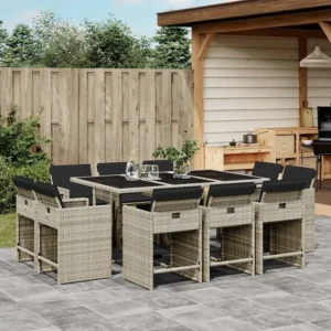 11 peças conjunto jantar para jardim com almofadões vime PE cinzento para Piscina e Jardim