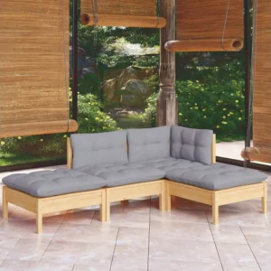 4 peças conjunto lounge de jardim + almofadões cinza pinho maciço | Montagem Fácil e Rápida