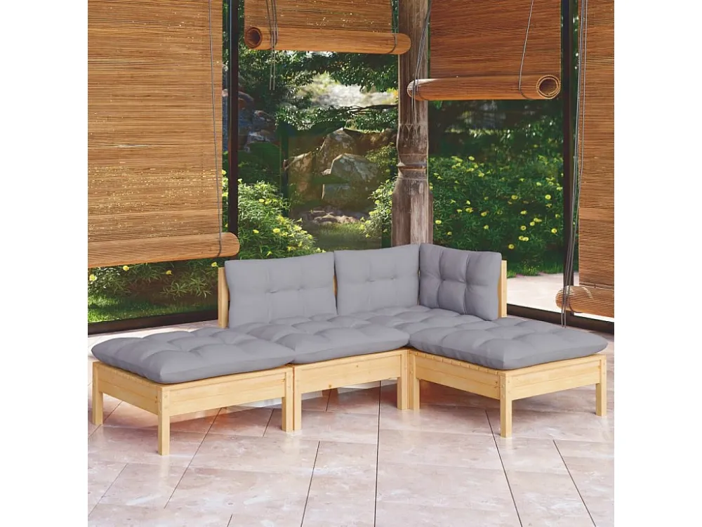 4 peças conjunto lounge de jardim + almofadões cinza pinho maciço | Montagem Fácil e Rápida