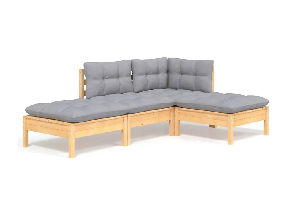 4 peças conjunto lounge de jardim + almofadões cinza pinho maciço | Montagem Fácil e Rápida