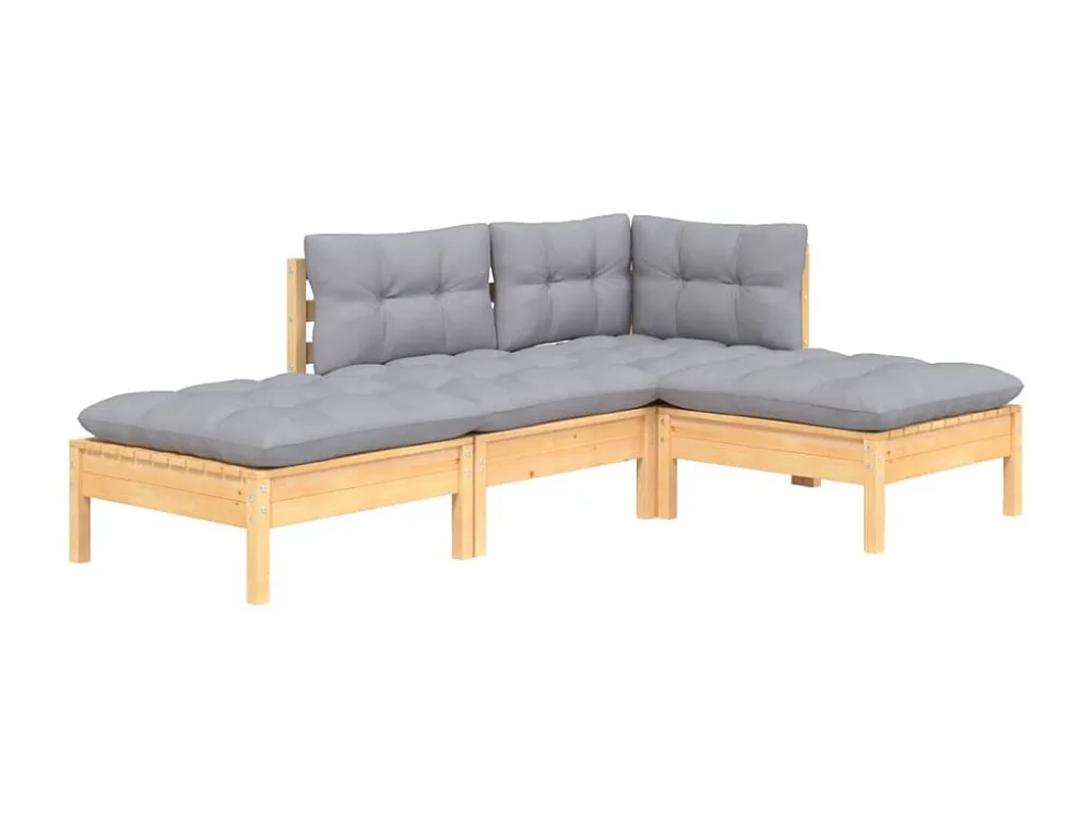 4 peças conjunto lounge de jardim + almofadões cinza pinho maciço | Montagem Fácil e Rápida