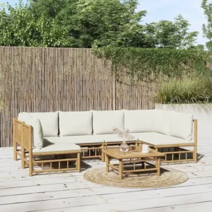 7 peças conjunto lounge de jardim bambu com almofadões branco nata com Tecido Impermeável UV