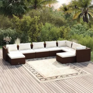 9 peças conjunto lounge jardim com almofadões vime PE castanho com Almofada Inclusa