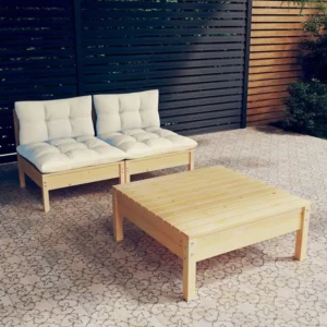 3 peças conjunto lounge jardim com almofadões cor creme pinho | Resistente à Chuva | Confortável