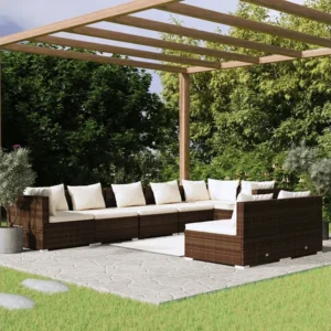 8 peças conjunto lounge de jardim com almofadões vime PE castanho em Ferro Forjado