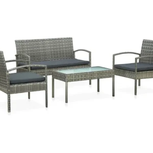 4 peças conjunto lounge de jardim com almofadões vime PE cinzento Dobrável e Portátil