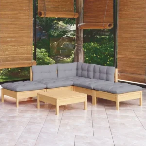 6 peças conjunto lounge de jardim com almofadões cinza pinho Dobrável e Portátil