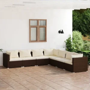 7 peças conjunto lounge jardim com almofadões vime PE castanho com Tecido Impermeável UV