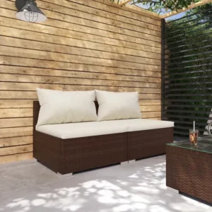 2 peças conjunto lounge jardim com almofadões vime PE castanho em Ferro Forjado