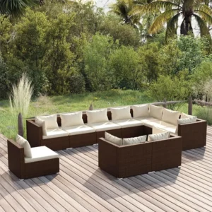 10 peças conjunto lounge de jardim com almofadões vime PE castanho com Encosto Ajustável