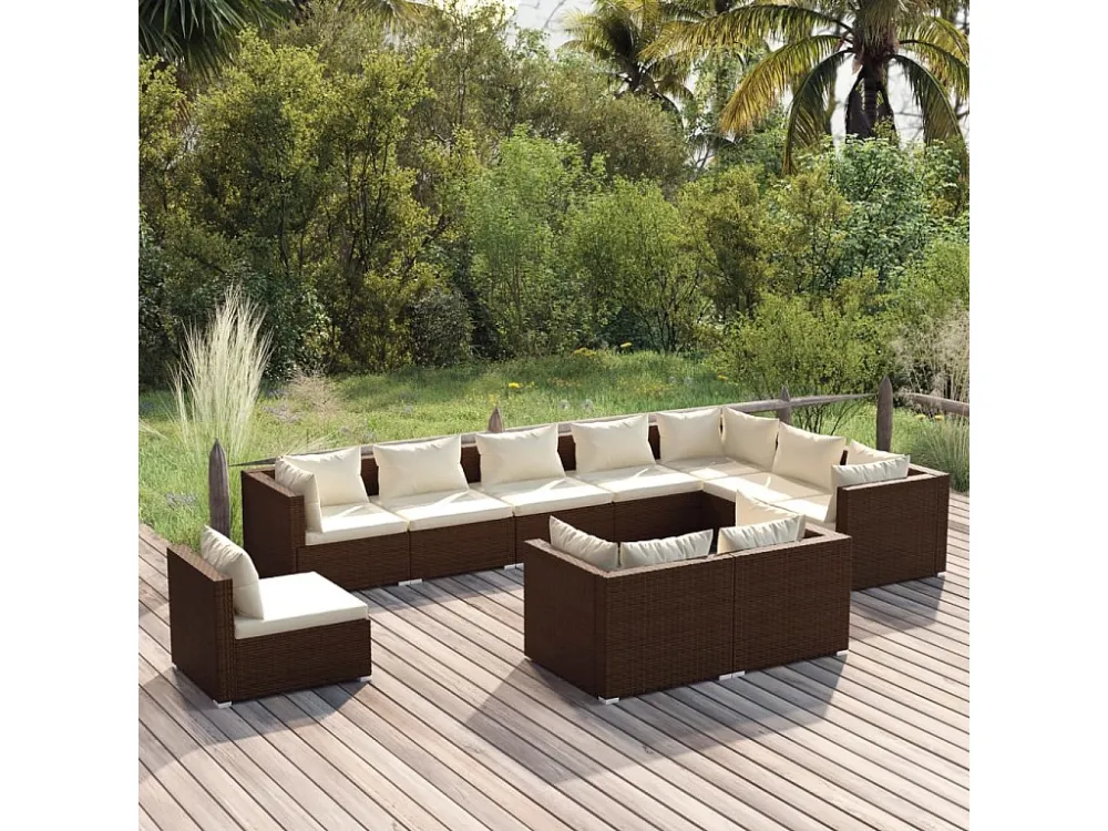 10 peças conjunto lounge de jardim com almofadões vime PE castanho com Encosto Ajustável