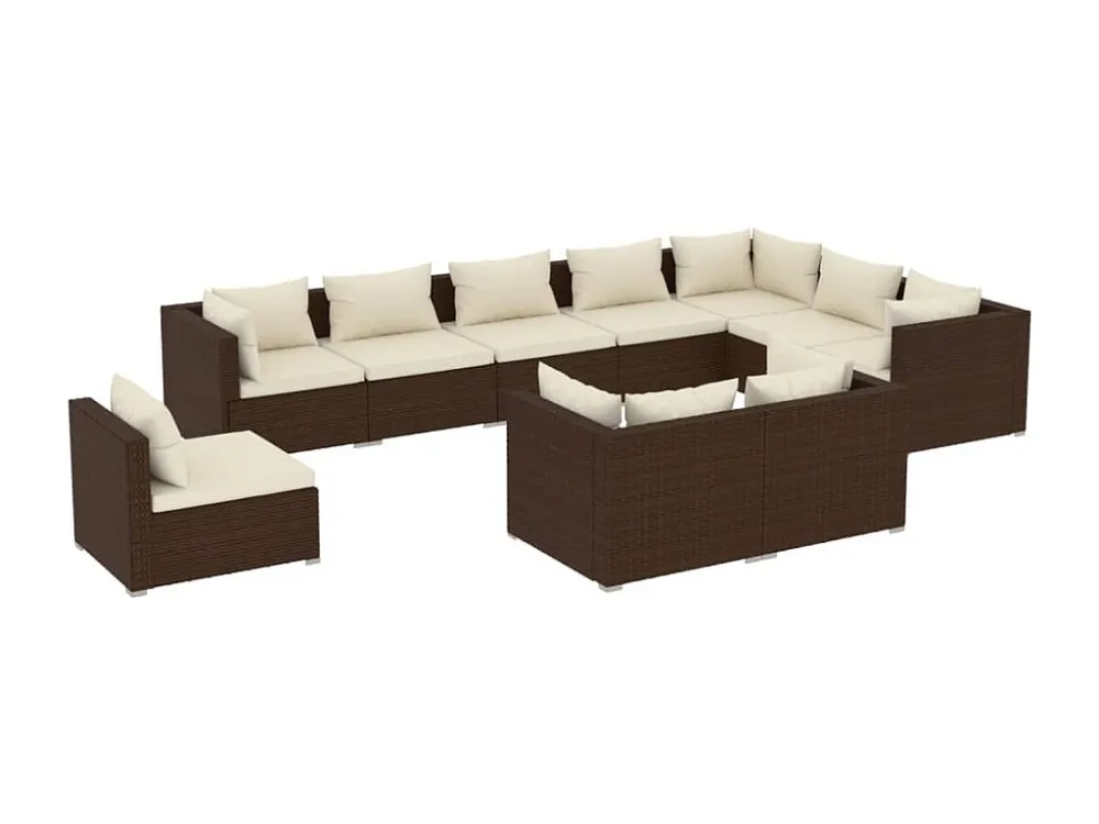 10 peças conjunto lounge de jardim com almofadões vime PE castanho com Encosto Ajustável