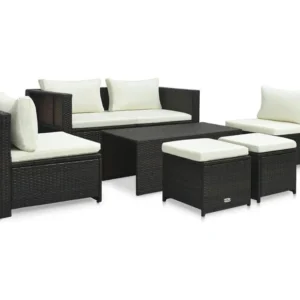 6 peças conjunto lounge jardim com almofadões vime PE castanho para Relaxamento ao Ar Livre