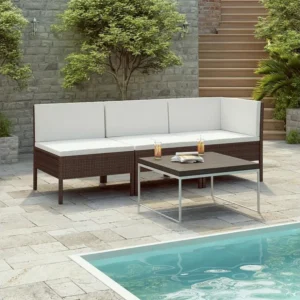 3 peças conjunto lounge jardim com almofadões vime PE castanho Fácil de Guardar